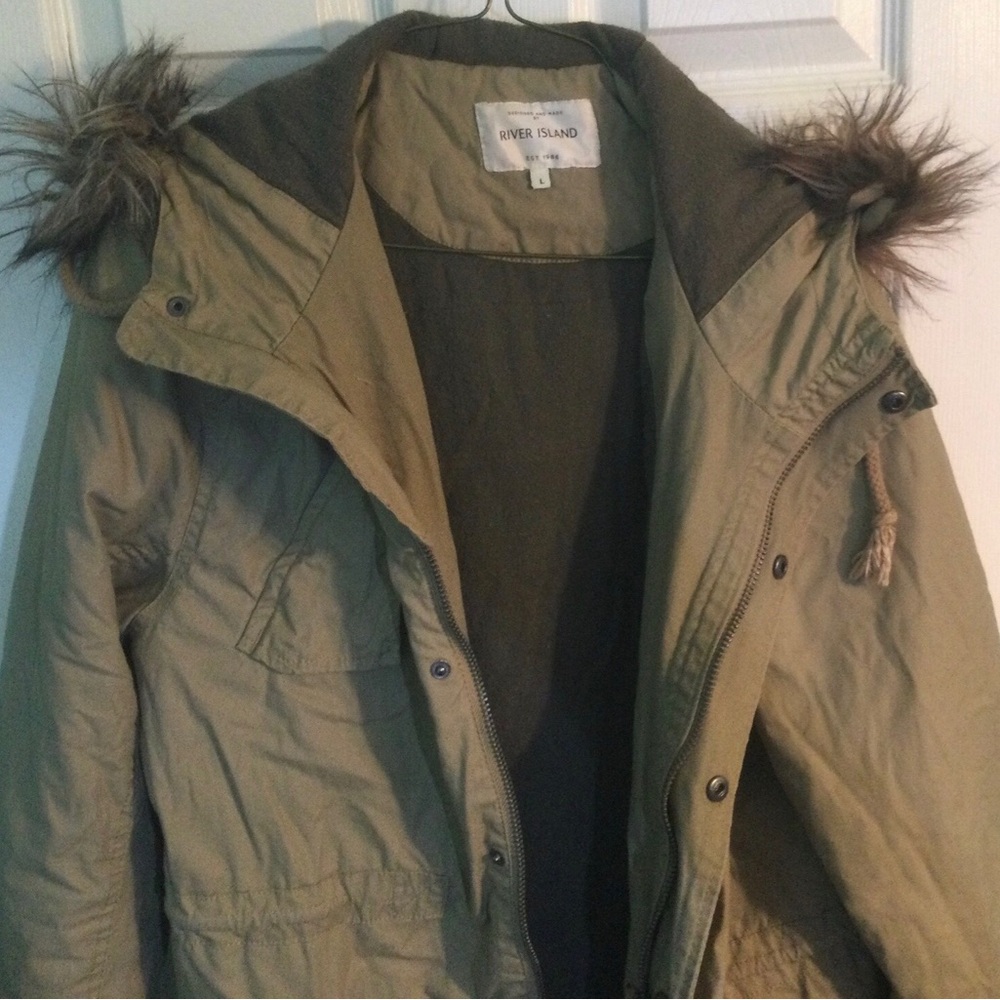 River Island Parka Ladies Tan Hooded With Faux Fur L Drawstring Waist